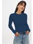 Kadın Indigo Mavi Uzun Kollu Bisiklet Yaka T-Shirt Bluz Kaşkorse Fitilli 1