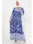 Desenli Düğmeli Elbise Saks - 27428 4