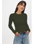 Kadın Haki Uzun Kollu Bisiklet Yaka T-Shirt Bluz Kaşkorse Fitilli 1