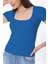 Kadın Mavi Kısa Kol Kare Yaka T-Shirt Bluz Fitilli Kaşkorse 2