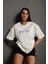 Unisex Bisiklet Yaka Baskılı Oversize T-Shirt - Beyaz 4