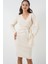 Kadın Kruvaze Yaka Triko Elbise 15928 - Ekru 4