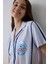 Açık Mavi Sanrio Pamuklu Çizgili Gömlek Yaka Kısa Kollu Pijama Takımı 3