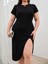 Mottisfashion Kadın Büyük Beden Kısa Kollu Yanı Yırtmaçlı Bisiklet Yaka Viskon Elbise 1