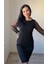 Mottisfashion Kadın Uzun Kollu Yakası Yanlardan Hafif Açık Kollar Tül ve Taş Detay Kısa Krep Elbise 4