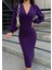 Mottisfashion Kadın Kruvaze Yaka Balon Kol Simli Krep Kumaş Midi Boy Elbise 5