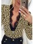 Mottisfashion Kadın Uzun Kollu Önden Derin Dantel Yaka Leopar Desenli Dalgıç Bluz 2