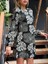 Mottisfashion Kadın Uzun Kollu Bisiklet Yaka Desenli Kısa Krep Elbise 6