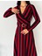 Mottisfashion Kadın Akrilik Kumaş Kruvaze Yaka Kemerli Uzun Kollu Çizgili Midi Boy Elbise 2