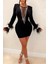 Mottisfashion Kadın Dalgıç Kumaş Tül ve Taş Aksesuarlı Kolları Tüylü Mini Boy Elbise 6