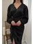 Mottisfashion Siyah V Yaka Saten Elbise 4