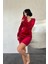 Mottisfashion Kırmızı Yaka ve Kol Dantelli Mini Elbise 2