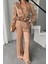 Mottisfashion Jakarlı Bluzu Tasarım Detaylı Ceket-Pantolon-Bluz 3 Lü Takım - Bej 3