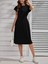 Mottisfashion Kadın Kısa Kollu Bisiklet Yaka Belden Lastikli Midi Viskon Elbise 1