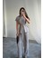 Mottisfashion Çizgili Polyviskon Bluz - Pantolon Takım - Gri 1