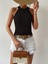 Mottisfashion Kadın Kolsuz Halter Yaka Mini Baklava Desenli Triko Bluz 5