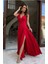 Mottisfashion Kadın Askılı Omuzdan Bağlamalı Kruvaze Yakalı Uzun Yırtmaçlı Janjan Krep Elbise 3