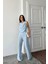 Mottisfashion Degaje Yaka Kolsuz Bluz - Pantolon Takım - Mavi 2