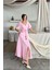 Mottisfashion V Yaka Bel Boncuk Bağlamalı Müslin Elbise Yırtmaç Detaylı - Pembe 1