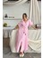 Mottisfashion V Yaka Bel Boncuk Bağlamalı Müslin Elbise Yırtmaç Detaylı - Pembe 4