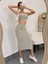 Mottisfashion Kadın Kolsuz Askılı Crop Yırtmaçlı Midi Etek Fitilli Kaşkorse Takım 2