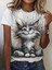 Mottisfashion Kadın Kısa Kollu Bisiklet Yaka Kedi Baskılı Süprem Bluz 1