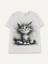 Mottisfashion Kadın Kısa Kollu Bisiklet Yaka Kedi Baskılı Süprem Bluz 3