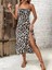 Mottisfashion Kadın Askılı Yakadan Bağcıklı Yırtmaçlı Leopar Desenli Midi Süprem Elbise 1