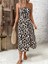 Mottisfashion Kadın Askılı Yakadan Bağcıklı Yırtmaçlı Leopar Desenli Midi Süprem Elbise 2