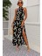 Mottisfashion Kadın Omuzlardan Açık Halter Yakalı Yırtmaçlı Çiçek Desenli Süprem Elbise 1