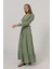 Mottisfashion Önü Yarım Düğmeli Uzun Kol Kemerli Elbise - Haki 4