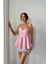 Mottisfashion Çizgili Gofre Askılı Pens Detaylı Bluz - Pembe 4