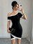 Mottisfashion Kadın Kısa Kollu Asimetrik Kesim Yaka Şerit ve Aksesuar Detaylı Modal Elbise 1