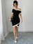 Mottisfashion Kadın Kısa Kollu Asimetrik Kesim Yaka Şerit ve Aksesuar Detaylı Modal Elbise 5