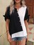 Mottisfashion Kadın Kısa Kollu Kollardan Bağlamalı Önden Asimetrik Kesim Çift Renk Detaylı Düğmeli Ithal Krep Bluz 5