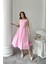 Mottisfashion Pembe Yanları Büzgülü Midi Boy Keten Elbise 2
