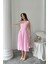 Mottisfashion Pembe Yanları Büzgülü Midi Boy Keten Elbise 3