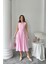 Mottisfashion Pembe Yanları Büzgülü Midi Boy Keten Elbise 4