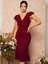 Mottisfashion Kadın Kısa Kelebek Kollu Kruvaze Yaka Ithal Krep Midi Elbise 2