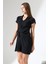 Siyah Keten Kısa Kol Kuşak Detaylı Çıt Çıt Kapama Kadın Gömlek-Elbise Tasarım Büyük Beden 2