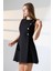 Siyah Kolsuz Çan Etekli Düğme Detaylı Bisiklet Yaka Mini Elbise Tasarım Büyük Beden 1