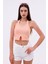 Dashed Halter Yaka Ön Yırtmaç Detaylı Kadın Crop Bluz, Sırt Dekolteli 4