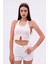 Dashed Halter Yaka Ön Yırtmaç Detaylı Kadın Crop Bluz, Sırt Dekolteli 4