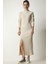 Dik Yaka Yırtmaçlı Triko Elbise LBV0023 Krem 1