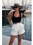 Beyaz Yüksek Bel Wed Leg Pileli Kadın Mini Şort MG2537 1