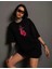 Siyah Oversize Bisiklet Yaka Baskılı T-Shirt 1