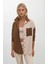 Kadın Kahverengi Krem Renk Bloklu Oversize Poplin Basic Gömlek HZL22S-BD1201161 1