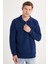 Erkek Standart Fit Pamuklu Selanik Kumaş Yarım Fermuarlı Polo Yaka Baskılı Indigo Sweatshirt 1