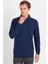 Erkek Slim Fit Dar Kesim Pamuklu Yarım Fermuarlı Dik Yaka Lacivert Sweatshirt 4