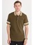 Erkek Slim Fit Dar Kesim %100 Pamuk Düz Pike Yaka ve Kol Detaylı Koyu Haki Polo Yaka Tişört 2